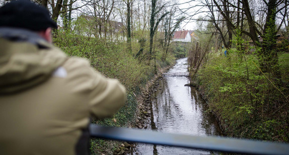 Anwohner steht auf einer Brücke und blickt auf den kleinen Fluss Schozach