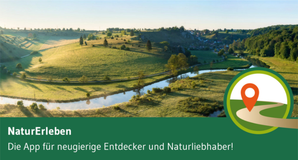 Landschaftsbild mit Text "NaturErleben" Die App für neugierige Entdecker und Naturliebhaber!