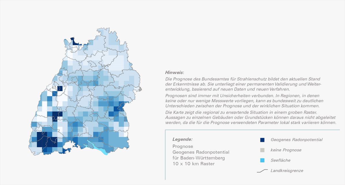 Dargestellt ist eine Karte von Baden-Württemberg in 10-Kilometer-mal-10-Kilometer-Pixeln unterschiedlicher Blautöne. Die Farbabstufung gib die unterschiedliche Höhe für das jeweils vorhergesagte geogene Radonpotential wieder. 