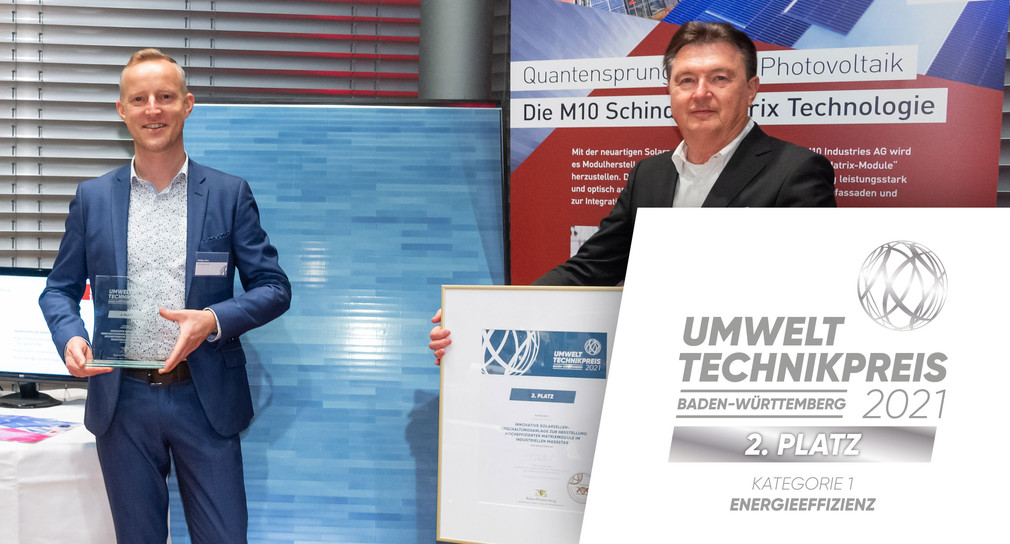 Philipp Zahn (links) und Günter Schneidereit von der M10 Industries AG nahmen die Auszeichnung für den zweiten Platz in der ersten Kategorie Energieeffizienz entgegen. 