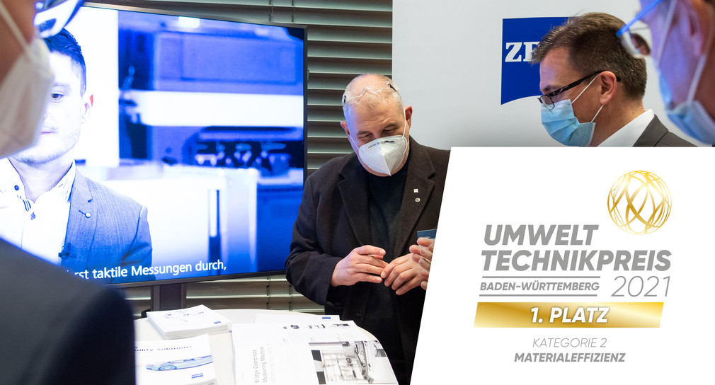 Der 1. Platz in der Kategorie 2 Materialeffizienz ging an die Firma Carl Zeiss Industrielle Messtechnik GmbH, vertreten durch Peter Müller (links) und Dr. Joachim Bläse.
