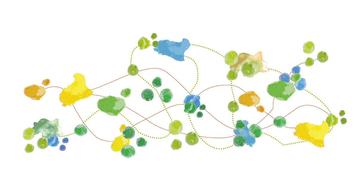 Schematische Darstellung des Biotopverbunds im Offenland: Verschiedene Lebensräume sind durch ökologische Korridore verbunden.