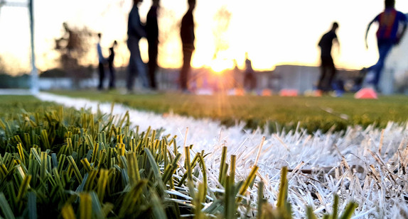 Kunstrasen mit weißem Streifen, Fußball und Menschen im Hintergrund