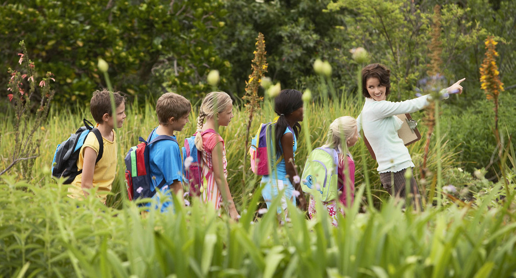 Lehrerin zeigt einer Gruppe von Kindern die Natur