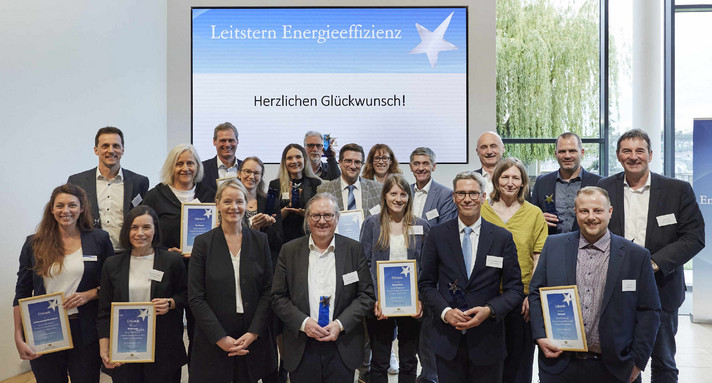 Die Vertreterinnen und Vertreter der bei der Preisverleihung zum Leitstern Energieeffizienz 2022 prämierten Stadt- und Landkreise.