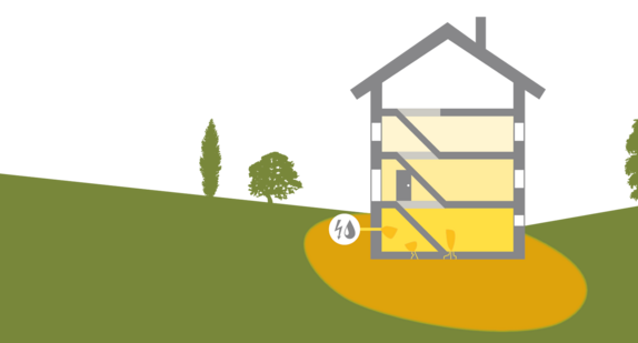 Grafik: Radon tritt in ein Haus ein