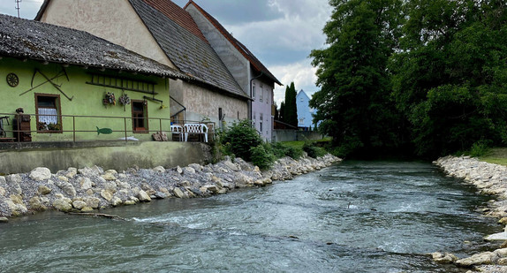 Staatssekretär Andre Baumann besichtigt bei der Sommertour 2021 ökologische Maßnahme am Fluss Seckach in Adelsheim