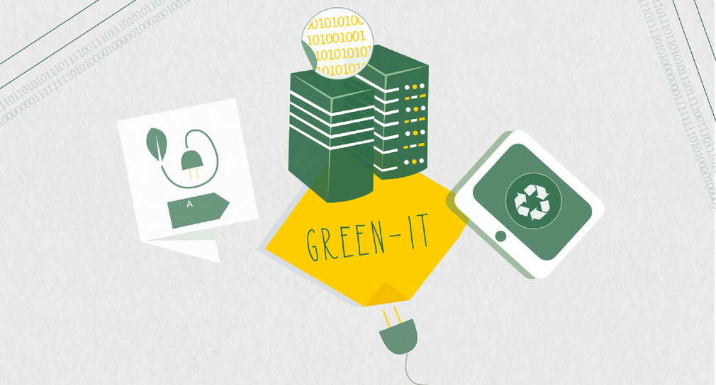 Die Abbildung zeigt verschiedene Aspekte von Green IT: Energieverbrauch in Rechenzentren minimieren, effizientere Geräte nutzen, Geräte wiederverwenden.