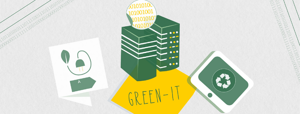 Die Abbildung zeigt verschiedene Aspekte von Green IT: Energieverbrauch in Rechenzentren minimieren, effizientere Geräte nutzen, Geräte wiederverwenden.
