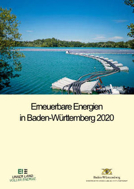 Titelblatt der Broschüre: Erneuerbare Energien in Baden-Württemberg 2020 mit einer schwimmende Photovoltaikanlage in Renchen