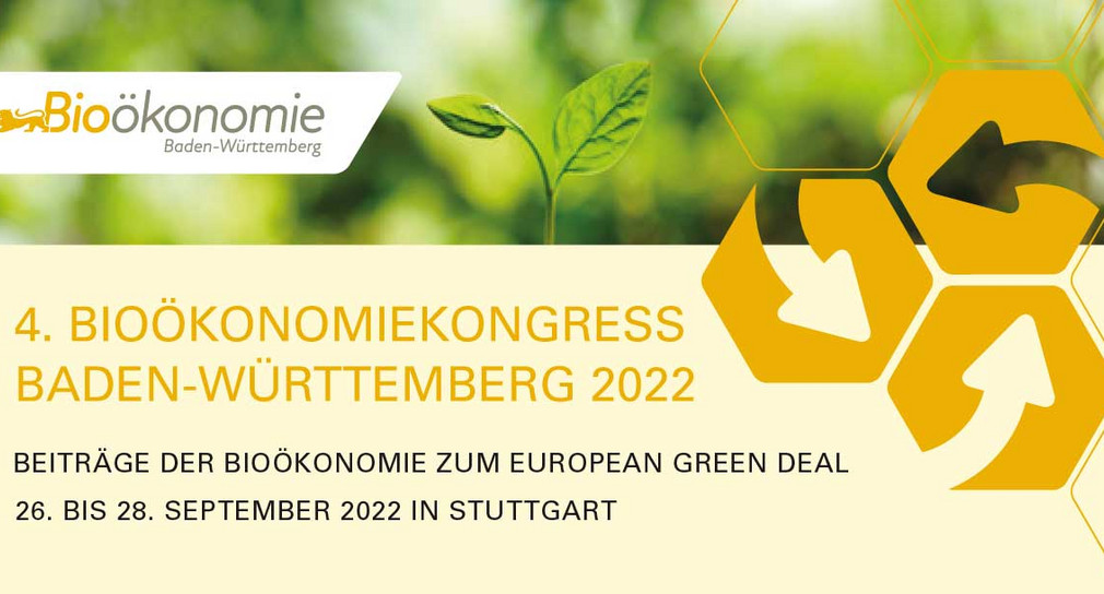 Bioökonomie-Kongress:  am oberen Rand zentral eine Pflanze, plus Bioökonomielogo des Landes Baden-Württemberg