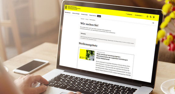 Eine Person sitzt vor einem Notebook. Auf dem Display erscheinen die Stellenangebote des Ministeriums