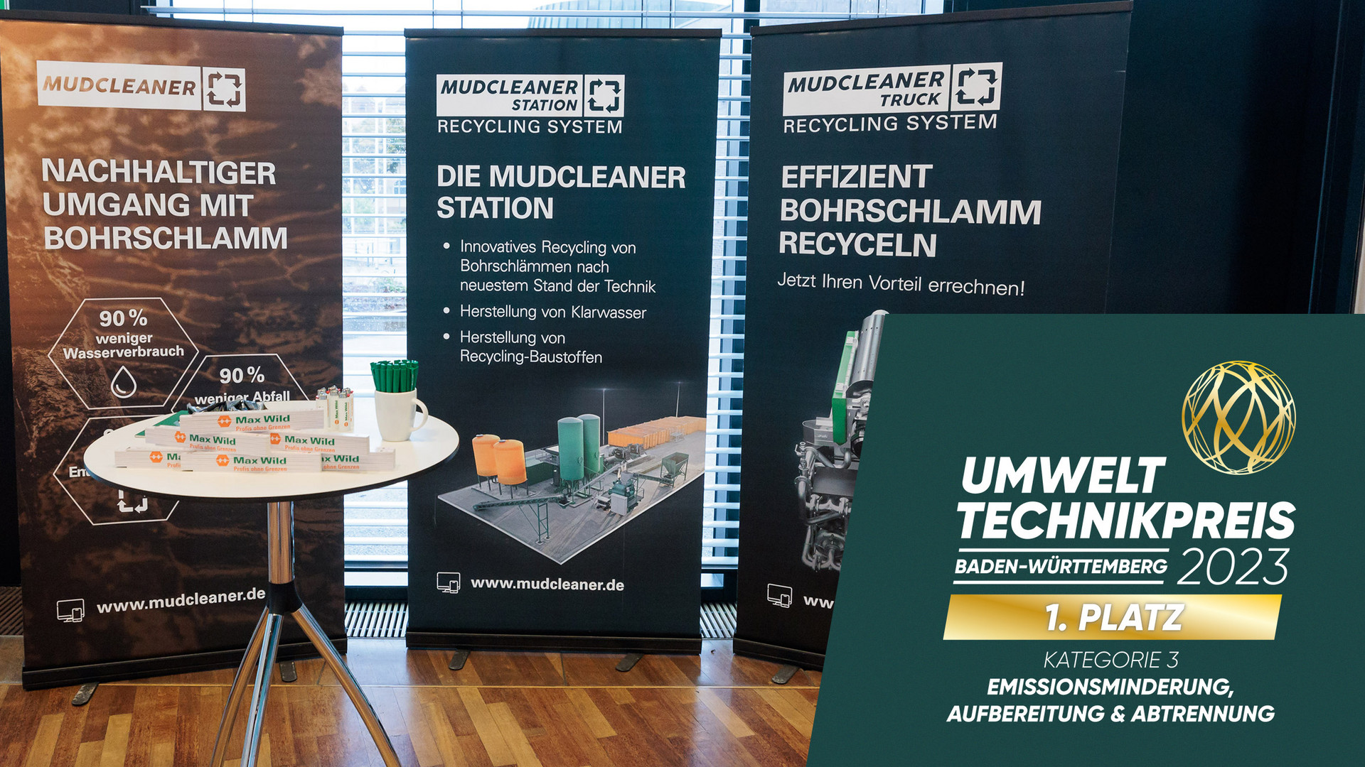 Der erste Platz in der Kategorie „Emissionsminderung, Aufbereitung & Abtrennung“ ging an die Max Wild GmbH für ihr Produkt Mudcleaner – ressourcenschonendes Recycling von Bohrschlamm.