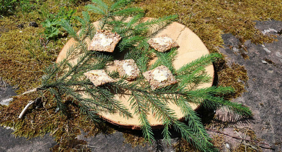Holzteller auf Moos. Darauf liegen Zweige und Brot
