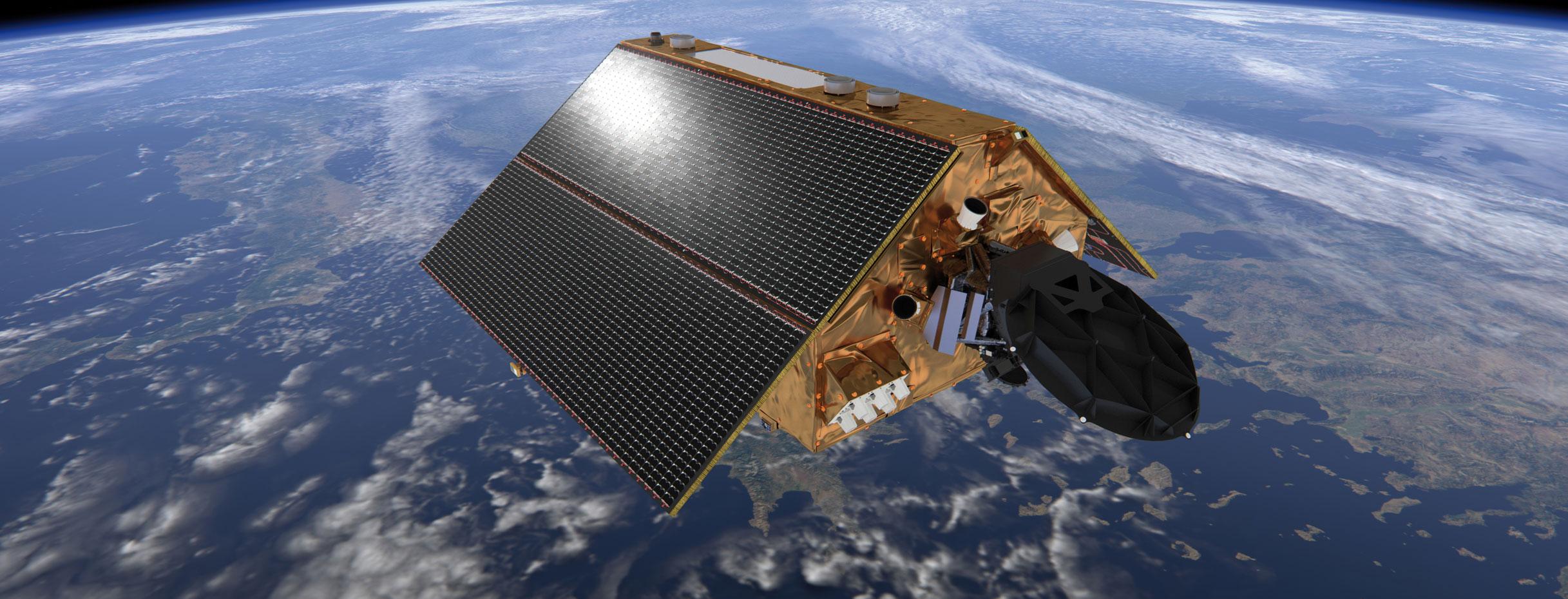 Illustration des ESA-Satelliten Sentinel 6, der die griechische Insel Kreta überfliegt
