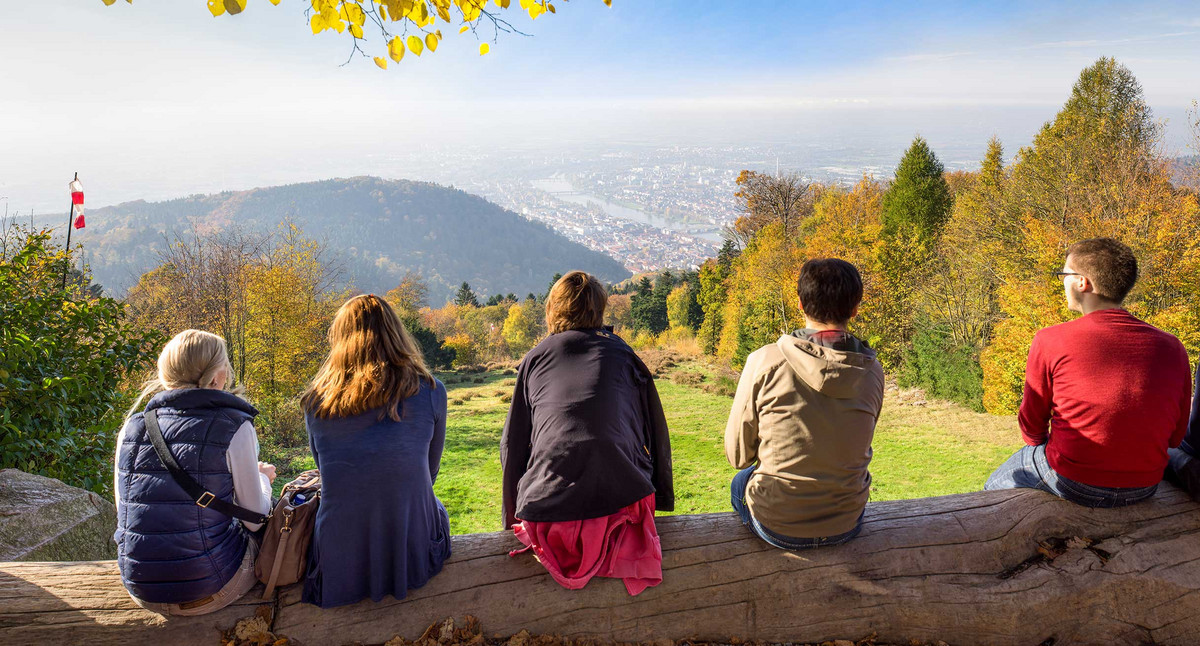 Junge Menschen sitzen auf einem Baustamm und blicken vom Königstuhl auf Heidelberg und die Rheinebene