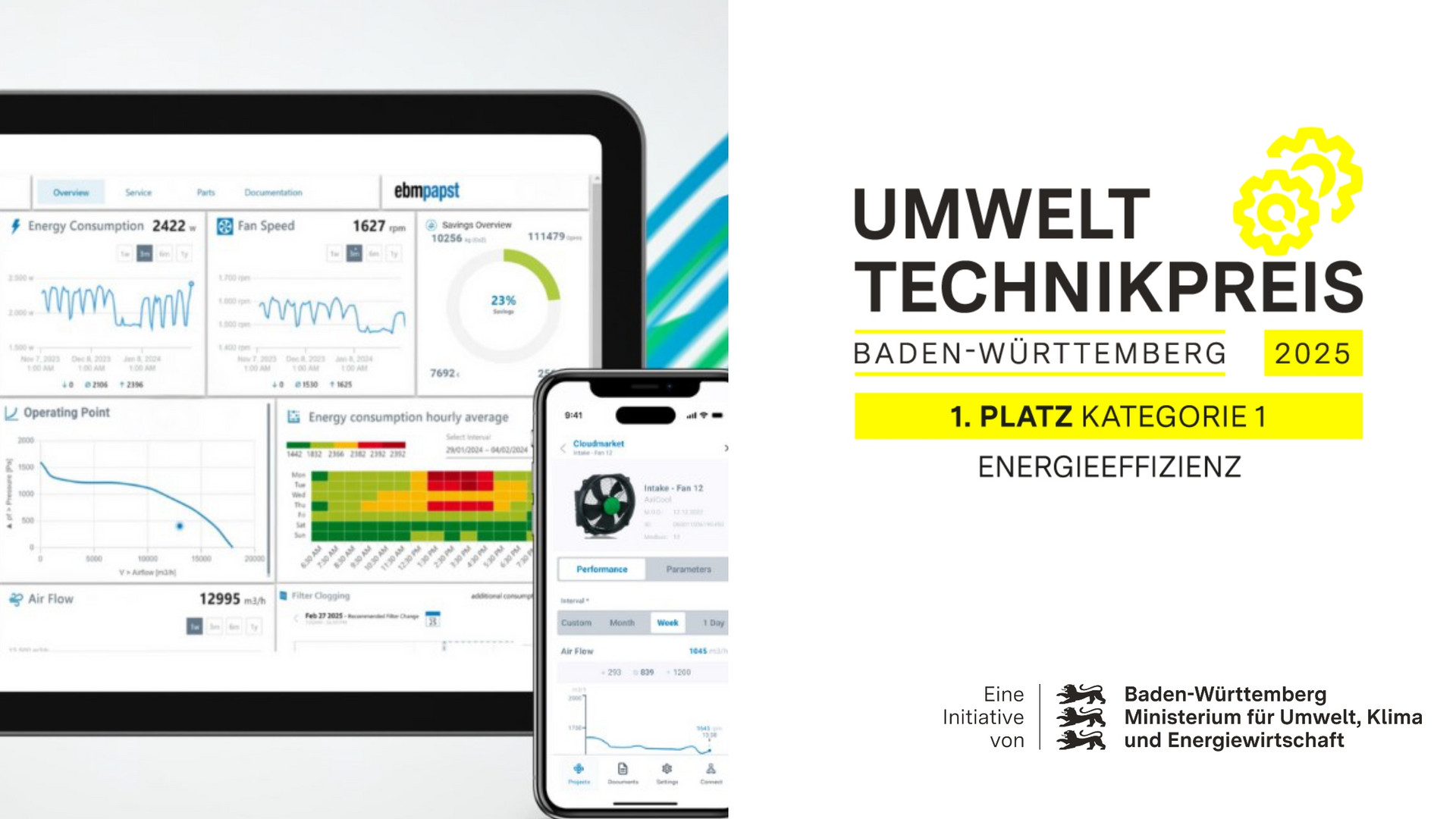 Der erste Platz in der Kategorie „Energieeffizienz“ ging an die ebm‑papst Mulfingen GmbH & Co. KGAA & Co. KG mit ihrem Produkt NEXAIRA – hocheffiziente Ventilatoren mit digitalen Mehrwerten.