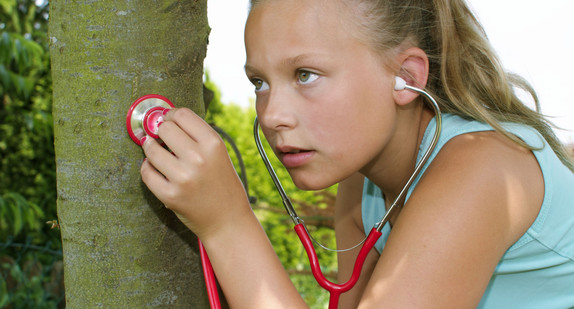 Mädchen lauscht mit einem Stethoskop an einem Baum