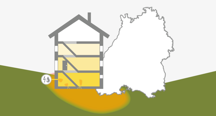 Grafik: Gebäude mit Radoneindringpfaden und Baden-Württemberg-Karte (Foto: ©IAF-Radioökologie GmbH)
