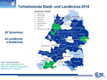 Leitstern Energieeffzienz: Karte mit teilnehmende Stadt- und Landkreisen 2018