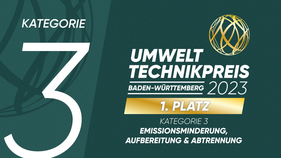 Umwelttechnikpreis Baden-Württemberg 2023: 1. Platz in der Kategorie 3 „Emissionsminderung, Aufbereitung und Abtrennung“