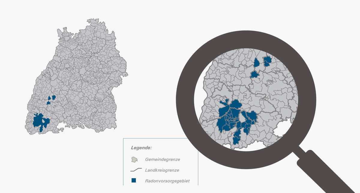 Eine Karte mit allen Gemeindegrenzen in Baden-Württemberg zeigt farblich hervorgehoben die Gemeinden, welche das Umweltministerium als Radonvorsorgegebiete festgelegt hat. Eine Lupen-Darstellung richtet den Blick auf diebetreffenden Gemeinden im südlichen und mittleren Schwarzwald.