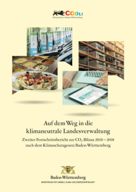 Titelblatt des zweiten Fortschrittberichts Auf dem Weg in die klimaneutrale Landesverwaltung: CO2-Bilanz nach dem Klimaschutzgesetz Baden-Württemberg