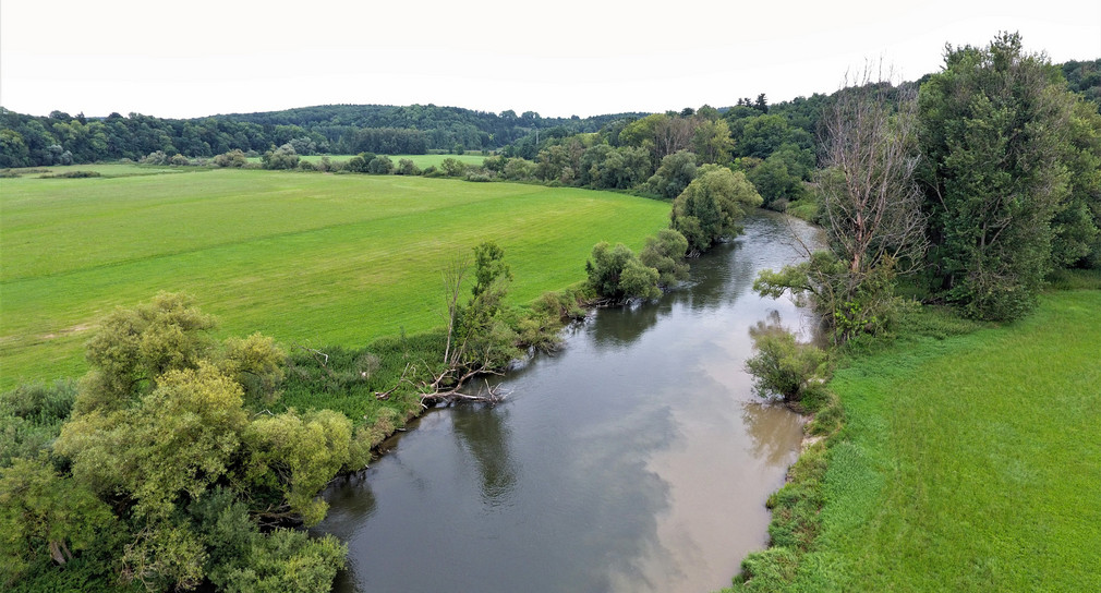 Eine Ansicht der Donau bei Datthausen aus der Vogelperspektive