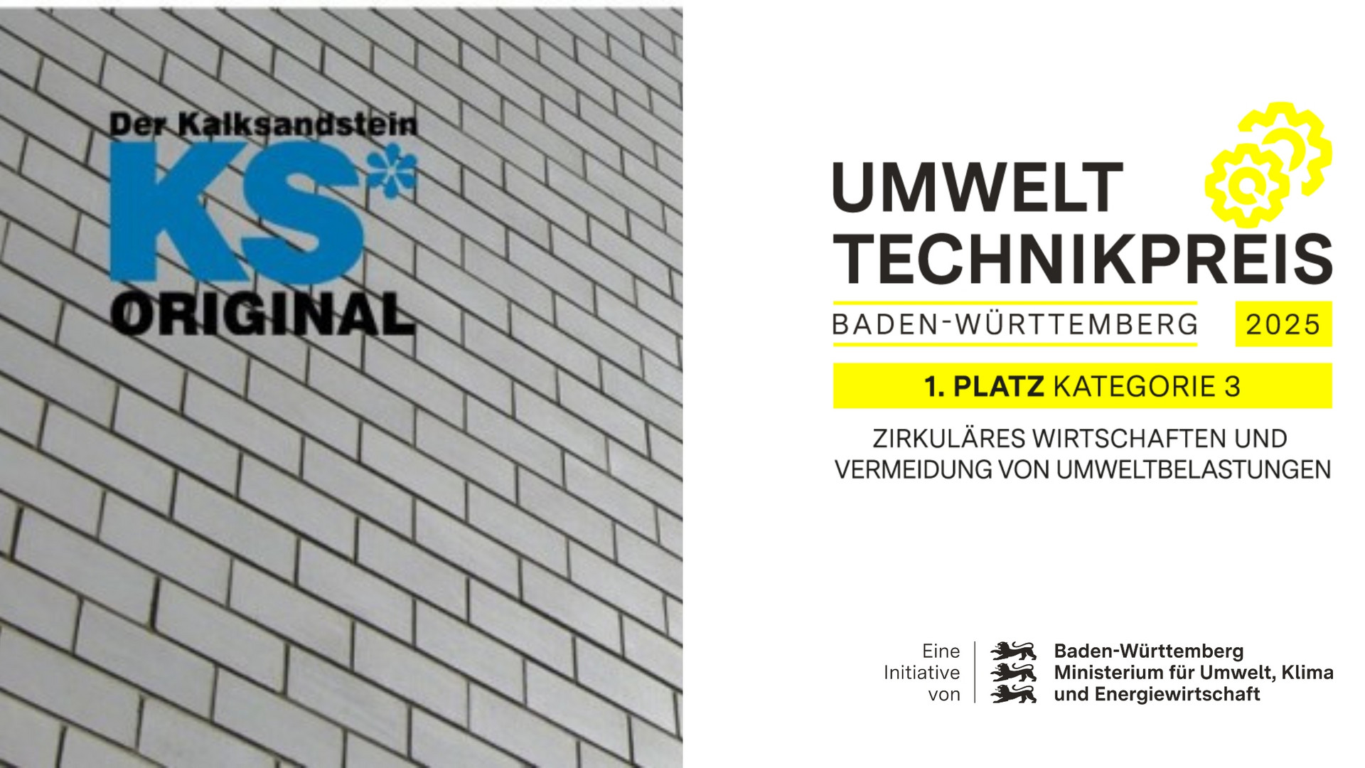Der erste Platz in der Kategorie „Zirkuläres Wirtschaften und Vermeidung von Umweltbelastungen“ ging an die E. Bayer Baustoffwerke GmbH & Co. KG mit ihrem Produkt KS*ReCO.