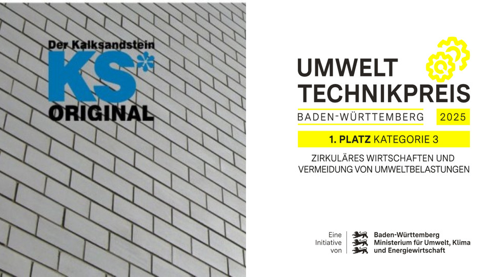 Der erste Platz in der Kategorie „Zirkuläres Wirtschaften und Vermeidung von Umweltbelastungen“ ging an die E. Bayer Baustoffwerke GmbH & Co. KG mit ihrem Produkt KS*ReCO.