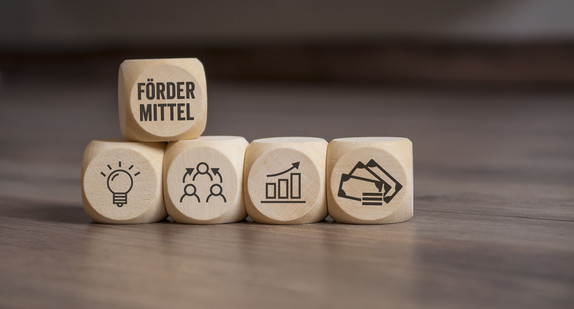 Würfel mit Schriftzug Fördermittel und anderen Icons