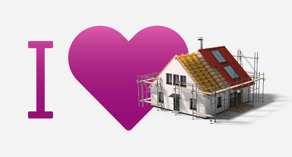Titelbild des Förderprogramms „Energieeffizienzfinanzierung – Sanieren“: Schriftzug I love und ein saniertes Haus