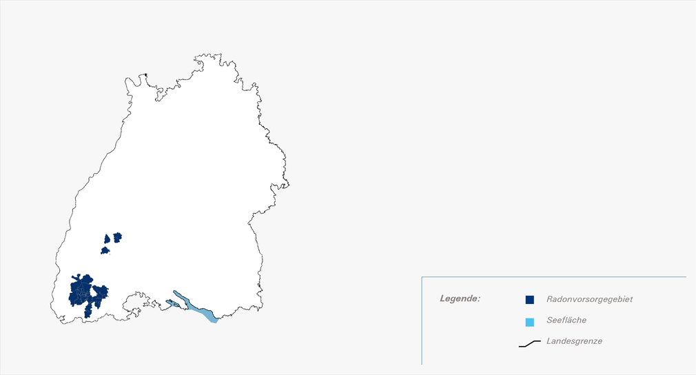Karte mit der Landesgrenze von Baden-Württemberg, in der die vorgeschlagen Radonvorsorgegebiete farblich hervorgehoben sind