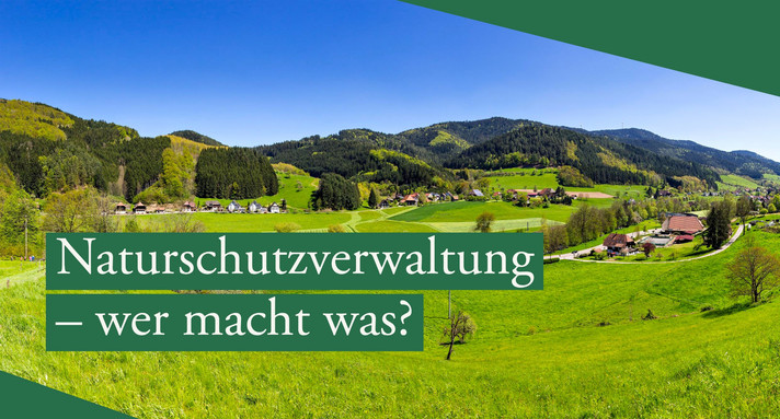 Landschaft mit dem Schriftzug Naturschutzverwaltung – wer macht was?