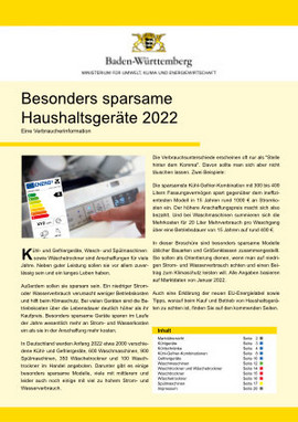 Titelblatt des Faltblatts besonders sparsame Haushaltsgeräte 2022