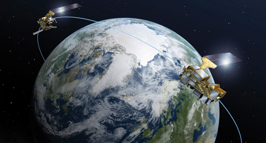 Illustration der Erde und zweier MetOp-Satelliten auf polarer Umlaufbahn