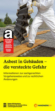 Titelblatt des Flyers Asbest in Gebäuden – die versteckte Gefahr: Informationen zur sachgerechten Vorgehensweise und zu rechtlichen Änderungen