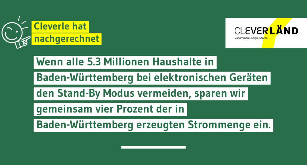 Wenn alle 5,3 Millionen Haushalte in Baden-Württemberg bei elektronischen Geräten den Stand-By Modus vermeiden, sparen wir gemeinsam vier Prozent der in Baden-Württemberg erzeugten Strommenge ein.