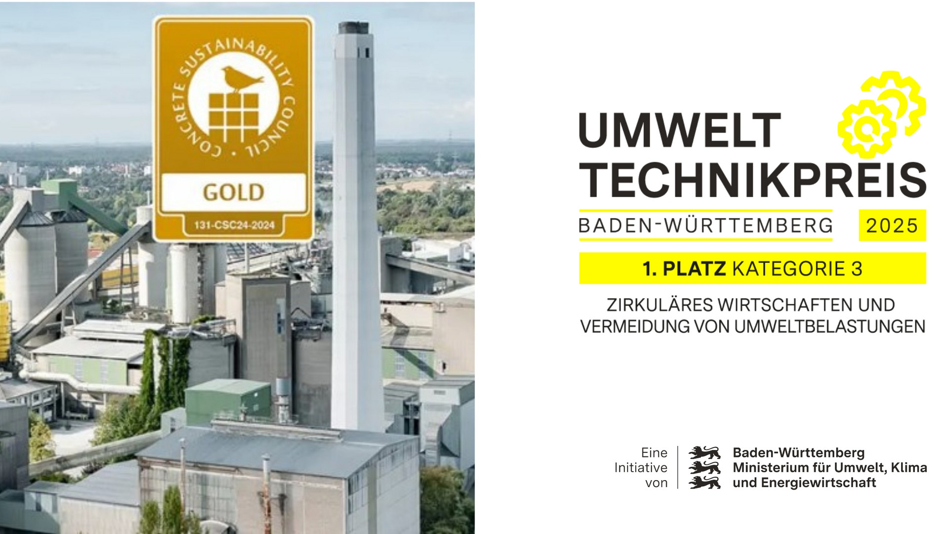 Der erste Platz in der Kategorie „Zirkuläres Wirtschaften und Vermeidung von Umweltbelastungen“ ging an die Heidelberg Materials Mineralik DE GmbH mit ihrem Produkt „Innovativer Einsatz von Brechsanden zur Herstellung von nachhaltigen F-Zementen“.