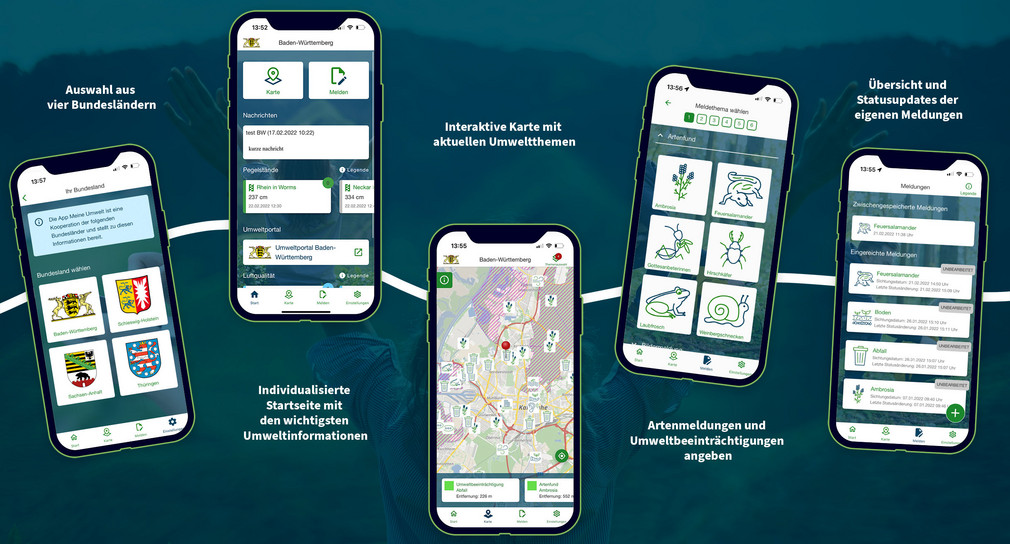 Mit der kostenlosen App „Meine Umwelt“ können sie die Umweltmeldestelle mittels Smartphone unmittelbar vor Ort mit genauer Positionsbestimmung und mit Fotos von der Umweltverschmutzung benachrichtigen. 