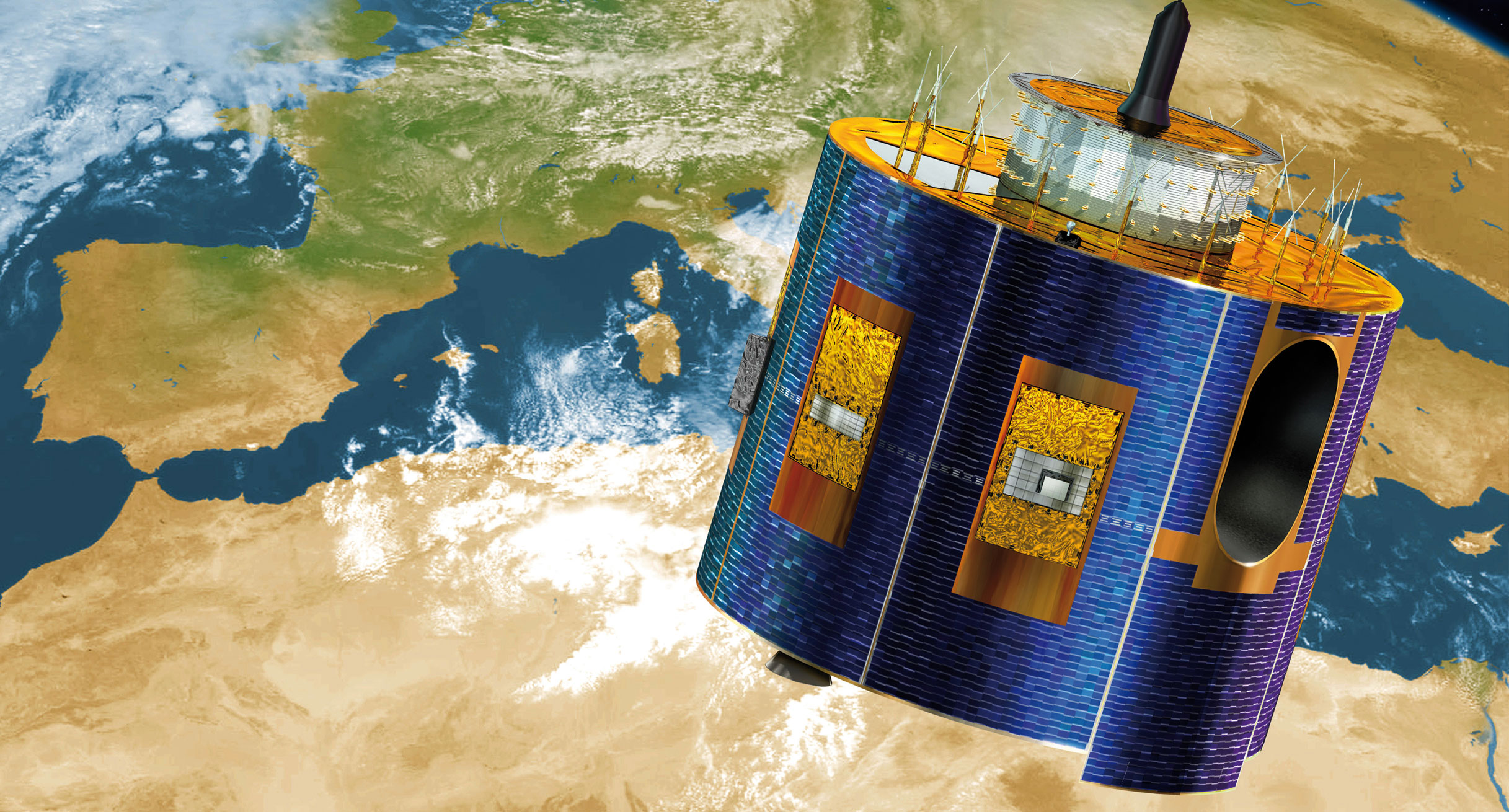 Der ESA-Satellit METOSAT Second Generation beobachtet in 36 000 Kilometern Höhe das Wetter über Afrika, Europa, Vorderasien und großen Teilen des Atlantiks.