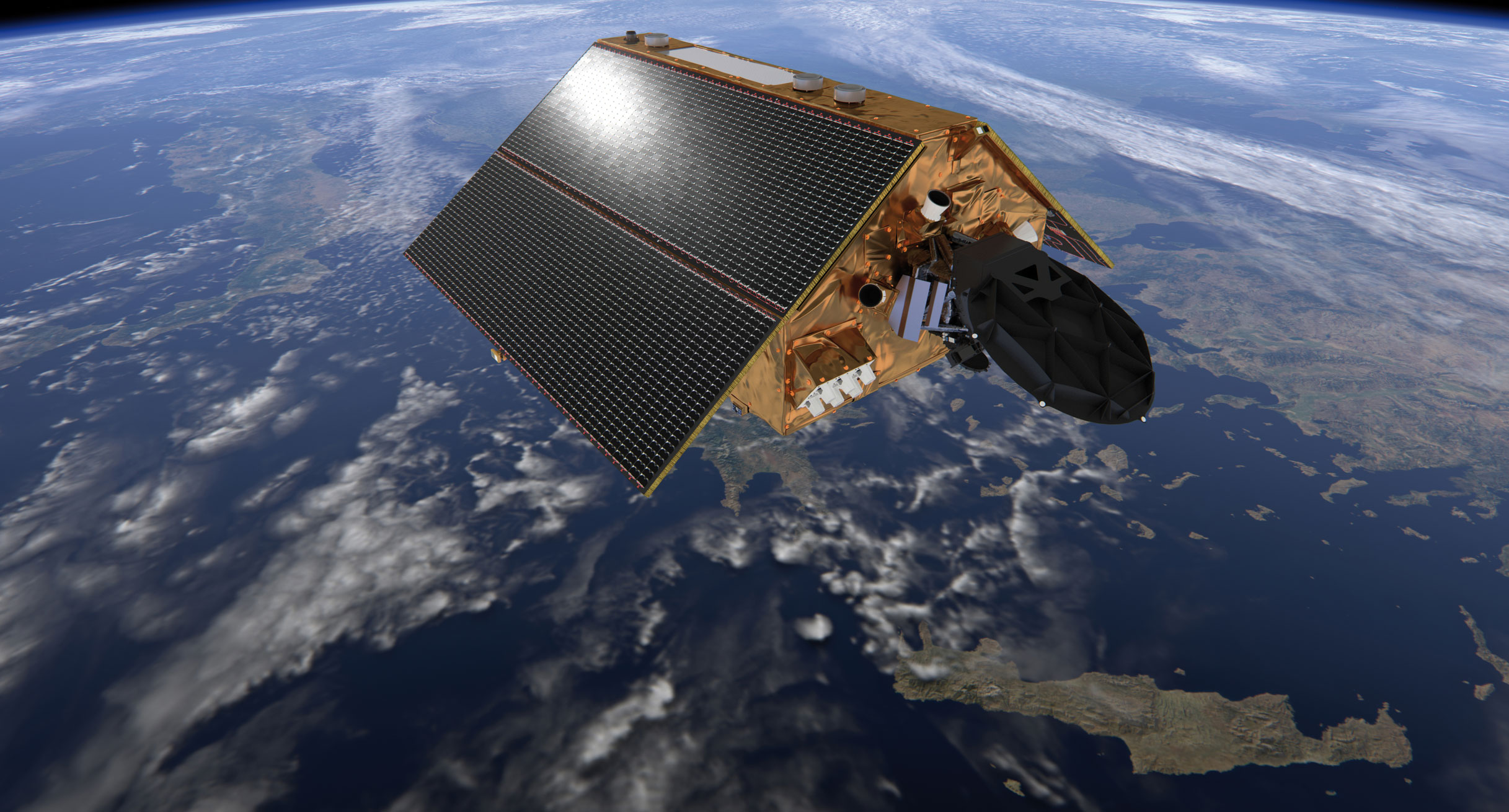 Illustration des ESA-Satelliten Sentinel 6, der die griechische Insel Kreta überfliegt