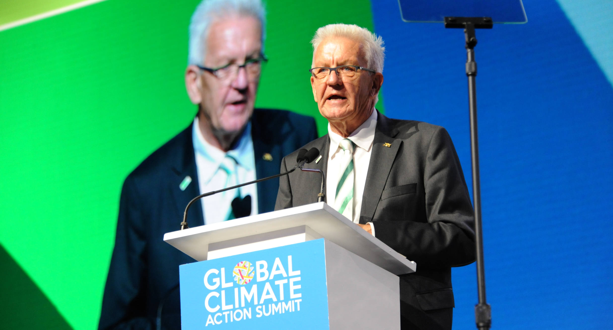 Minister President Winfried Kretschmann at the Global Climate Action Summit in San Francisco.']