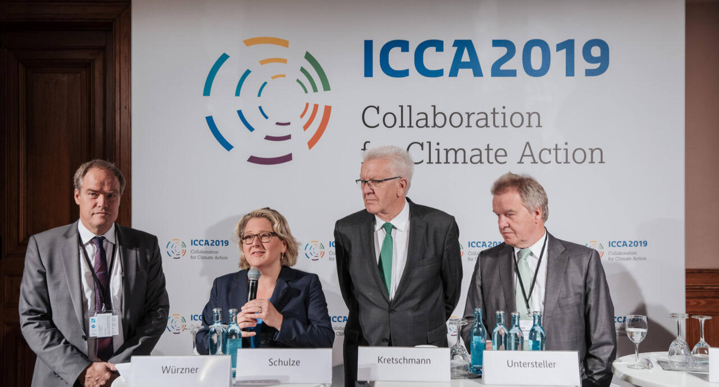  Baden-Württemberg is organizing the international climate conference ICCA 2019 together with the Federal Environment Ministry and the city of Heidelberg. At the press conference (from left): Eckart Würzner, Mayor of Heidelberg, Federal Environment Minister Svenja Schulze, Minister President Winfried Kretschmann and Environment Minister Franz Untersteller.']