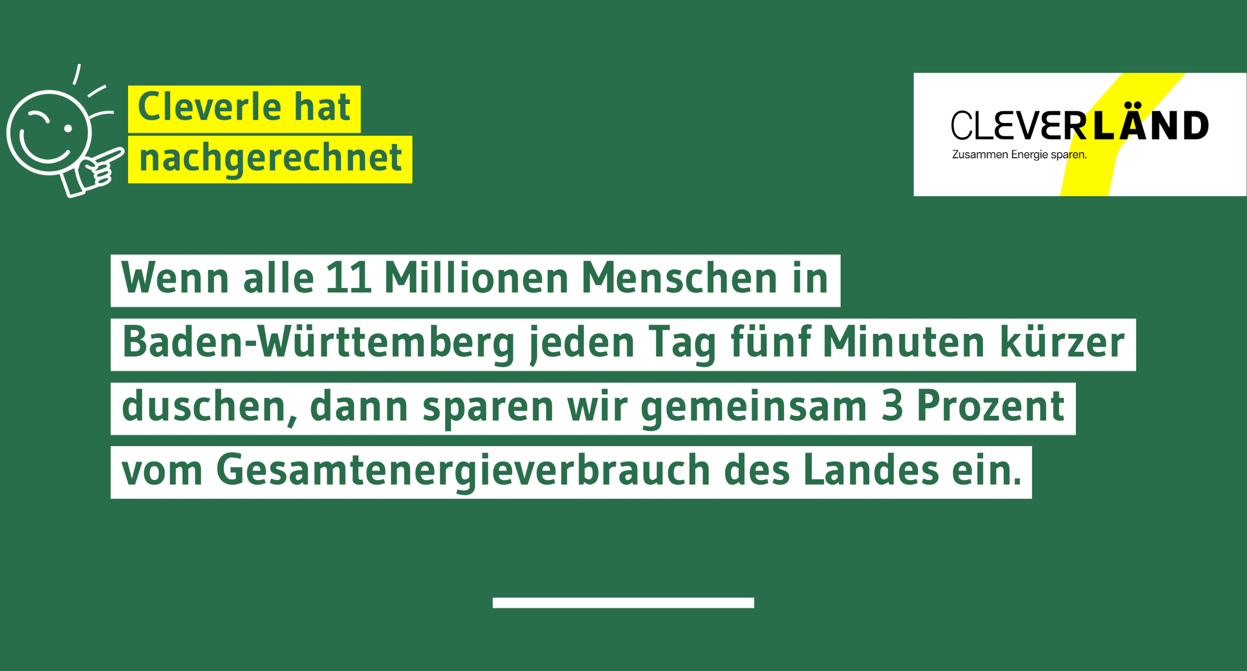 Wenn alle elf Millionen Menschen in Baden-Württemberg jeden Tag fünf Minuten kürzer duschen, dann sparen wir gemeinsam drei Prozent vom Gesamtenergieverbrauch des Landes ein.