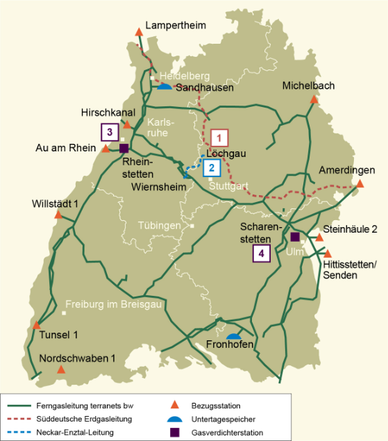 Karte mit Links zu den Gasnetzausbauvorhaben der terranets bw GmbH