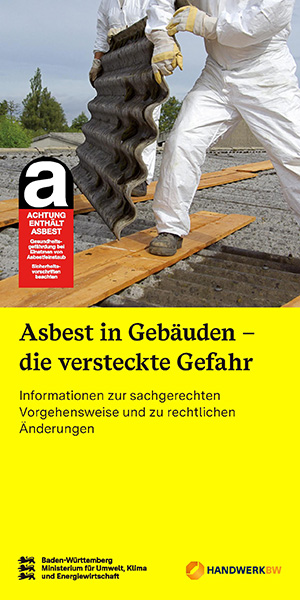 Titelblatt des Flyers Asbest in Gebäuden – die versteckte Gefahr: Informationen zur sachgerechten Vorgehensweise und zu rechtlichen Änderungen